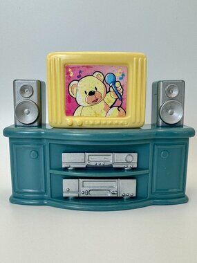 Redbox Dollhouse Furniture Teal ENTERTAINMENT STAND Speakers + Yellow CRT TV